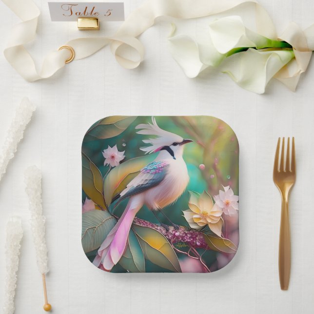 White Crested Blush Tail Jay Fantasy Bird Paper Plates (Wedding)