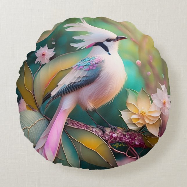 White Crested Blush Tail Jay Fantasy Bird Round Pillow (Front)