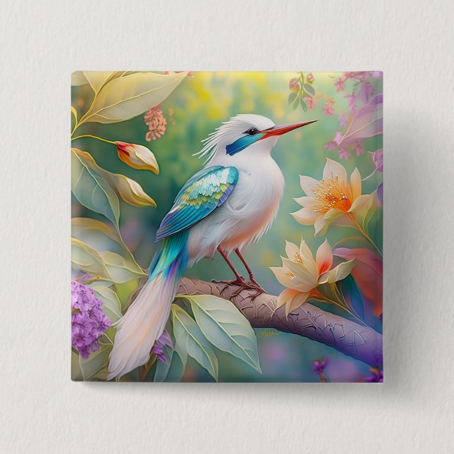 White Crested Iridescent Teal Wing Fantasy Bird Button (Front)