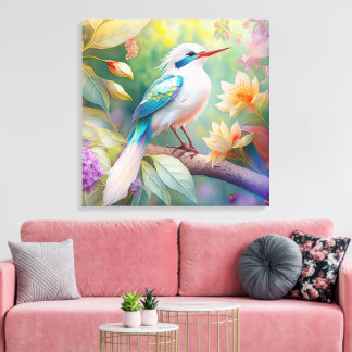 White Crested Iridescent Teal Wing Fantasy Bird Canvas Print