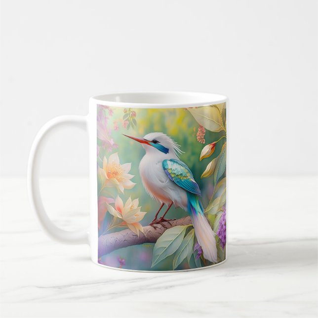 White Crested Iridescent Teal Wing Fantasy Bird Coffee Mug (Left)