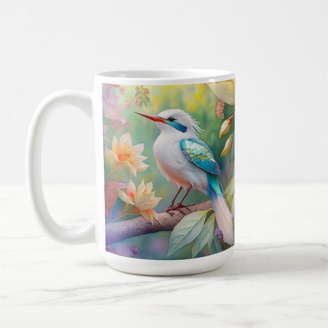 White Crested Iridescent Teal Wing Fantasy Bird Coffee Mug (Left)