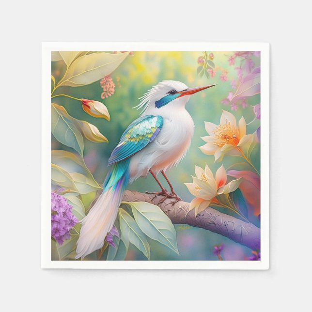 White Crested Iridescent Teal Wing Fantasy Bird Napkins (Front)