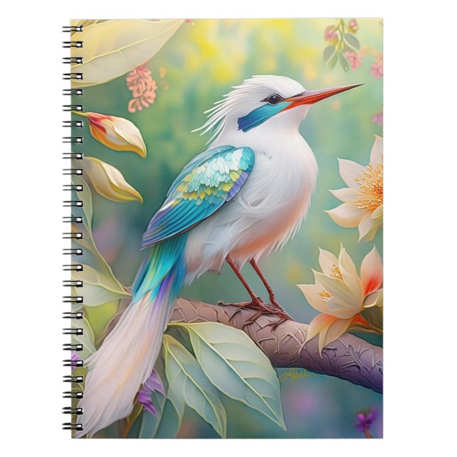 White Crested Iridescent Teal Wing Fantasy Bird Notebook (Front)