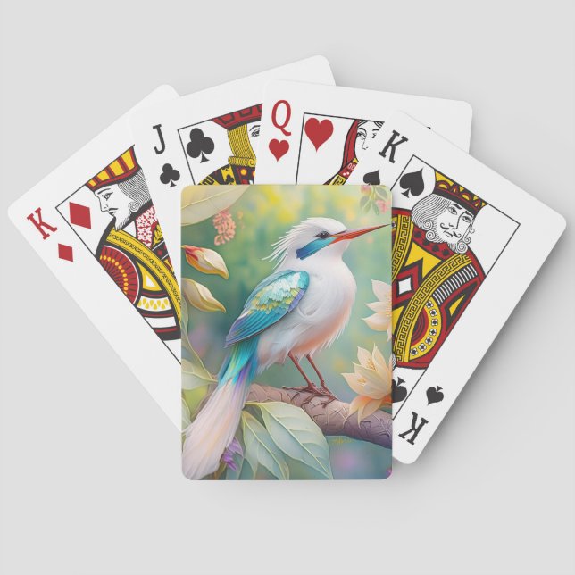 White Crested Iridescent Teal Wing Fantasy Bird Poker Cards (Back)