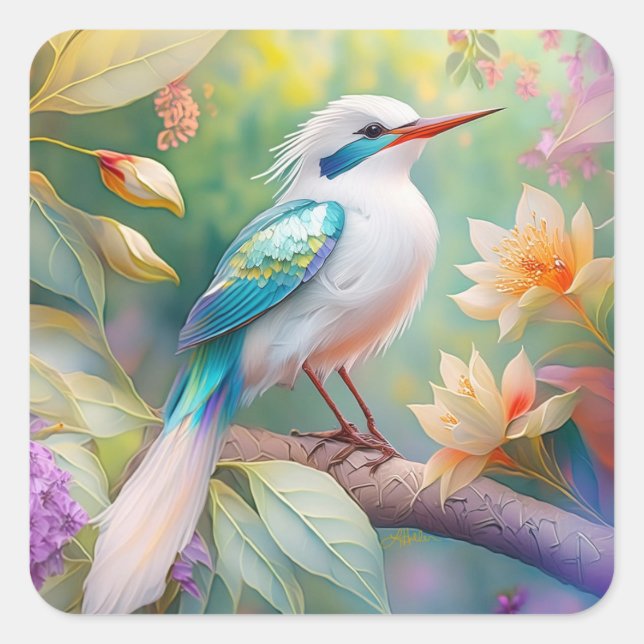 White Crested Iridescent Teal Wing Fantasy Bird Square Sticker (Front)