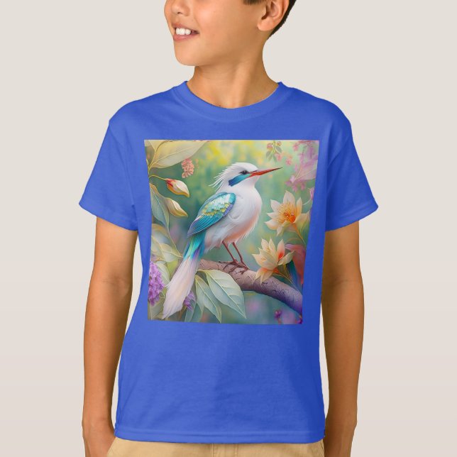 White Crested Iridescent Teal Wing Fantasy Bird T-Shirt (Front)