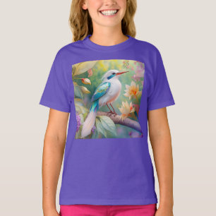 White Crested Iridescent Teal Wing Fantasy Bird T-Shirt