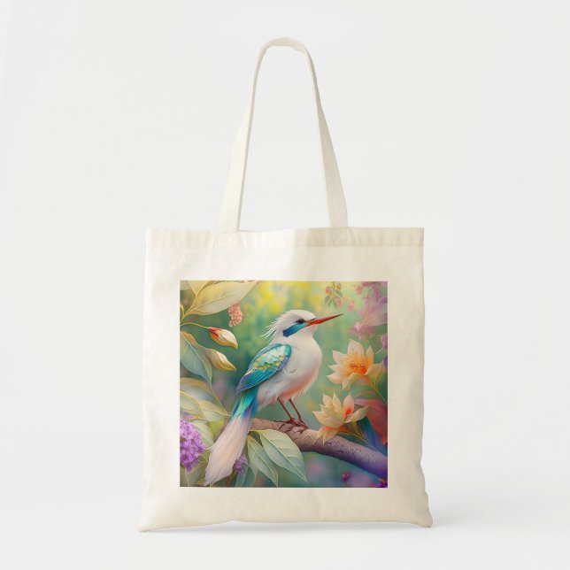 White Crested Iridescent Teal Wing Fantasy Bird Tote Bag (Front)