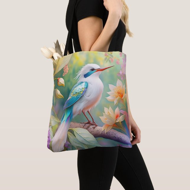 White Crested Iridescent Teal Wing Fantasy Bird Tote Bag (Close Up)