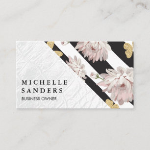 White Crocodile Leather   Stripes and Butterflies Business Card