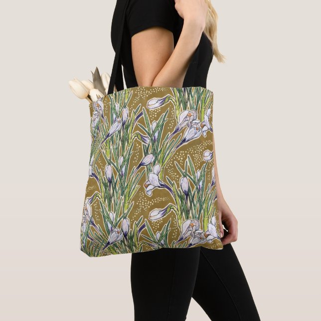 White Crocuses Garden Flower Botanic Floral Khakis Tote Bag (Close Up)