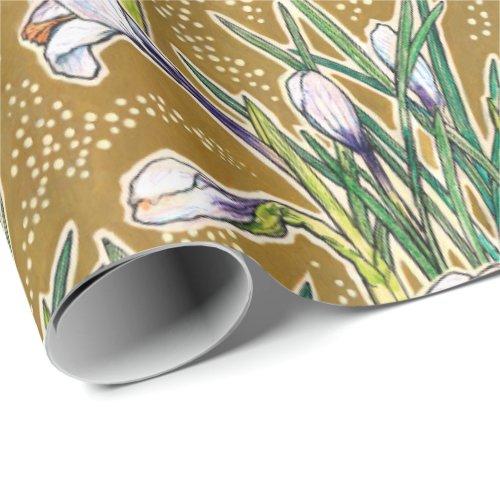 White Crocuses Garden Flowers Botanic Floral Olive Wrapping Paper