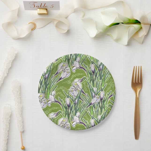 White Crocuses Spring Flower Floral Pattern Green Paper Plates (Wedding)