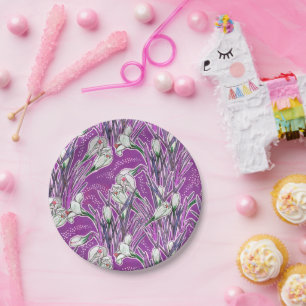 White Crocuses Spring Flower Floral Pattern Purple Paper Plates