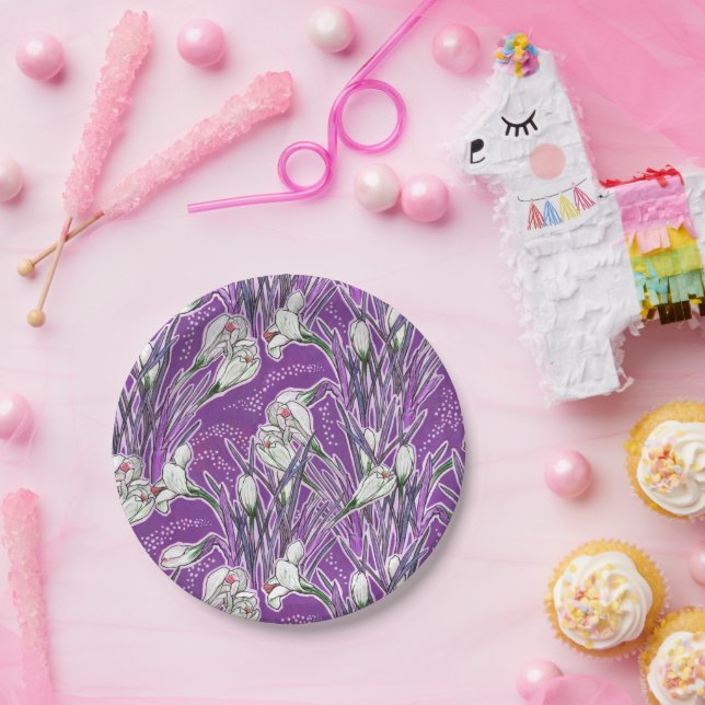 White Crocuses Spring Flower Floral Pattern Purple Paper Plates (Party)