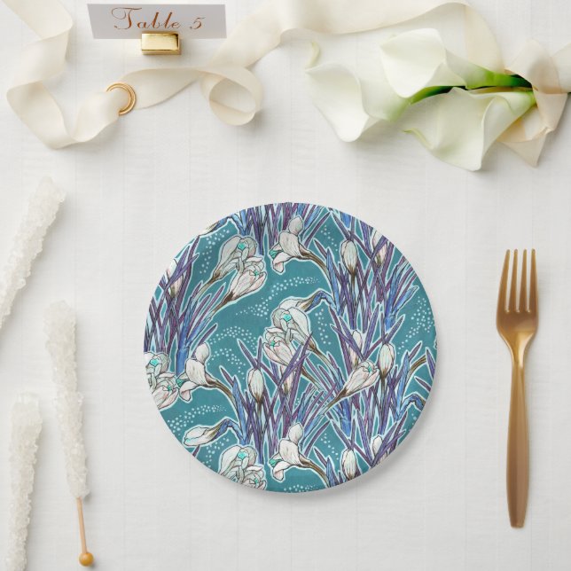 White Crocuses Spring Flower Floral Pattern Teal Paper Plates (Wedding)