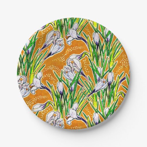 White Crocuses Spring Flower Floral Pattern Yellow Paper Plates