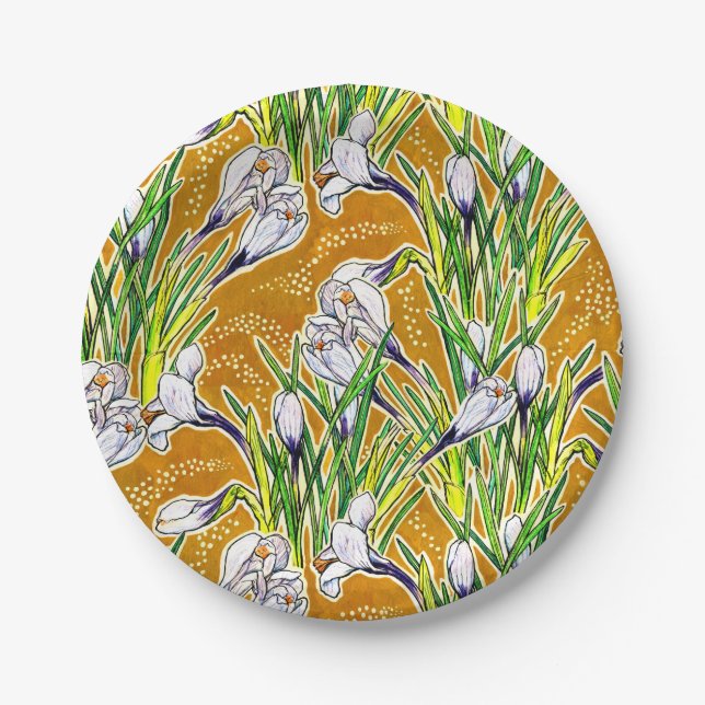 White Crocuses Spring Flower Floral Pattern Yellow Paper Plates (Front)