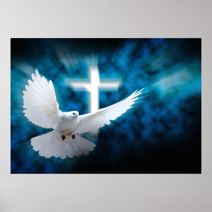 White Cross And Holy Dove In The Dark Sky Poster