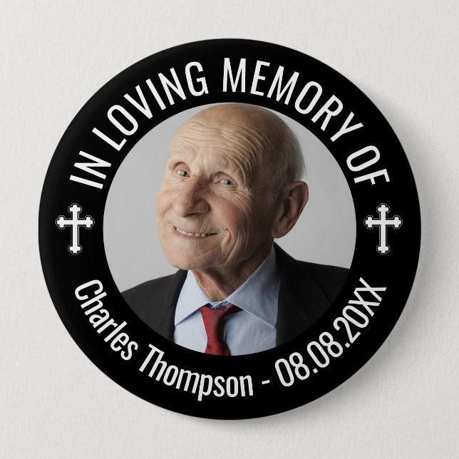 White Cross Black In Loving Memory Photo Button (Front)