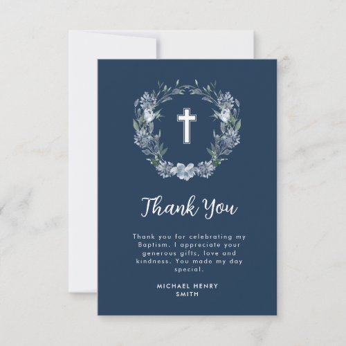 white cross blue floral baptism thank you card