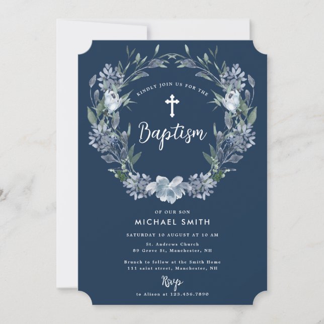 white cross blue floral modern baptism invitation (Front)