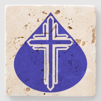 White Cross Blue Teardrop Stone Coaster