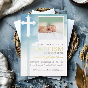 White Cross Blue Watercolor Photo Baptism Foil Invitation