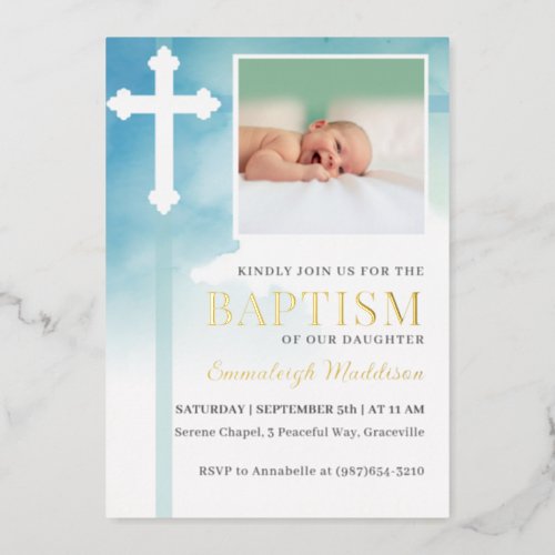 White Cross Blue Watercolor Photo Baptism Foil Invitation