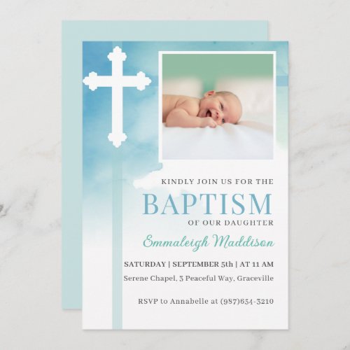 White Cross Blue Watercolor Photo Baptism Invitation