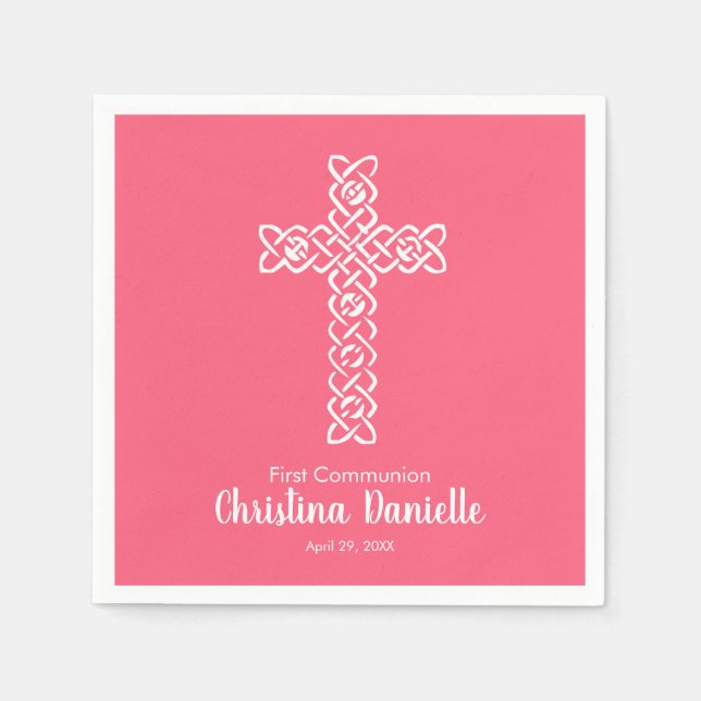 White Cross Bright Pink 1st Communion Religious Napkins (Front)