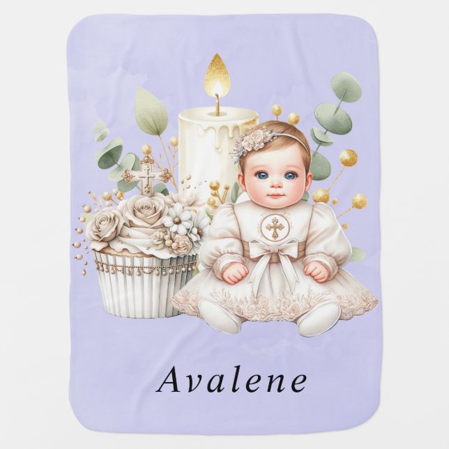 White Cross Cupcake with Girl Baptism Custom Baby Blanket (Front)