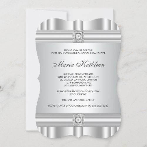 White Cross Diamond Girls White First Communion Invite