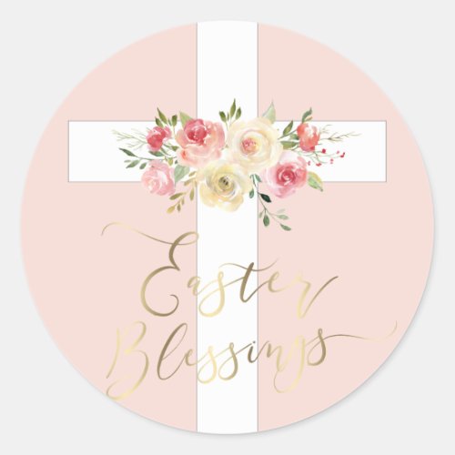 white cross floral Easter Blessings Classic Round Sticker