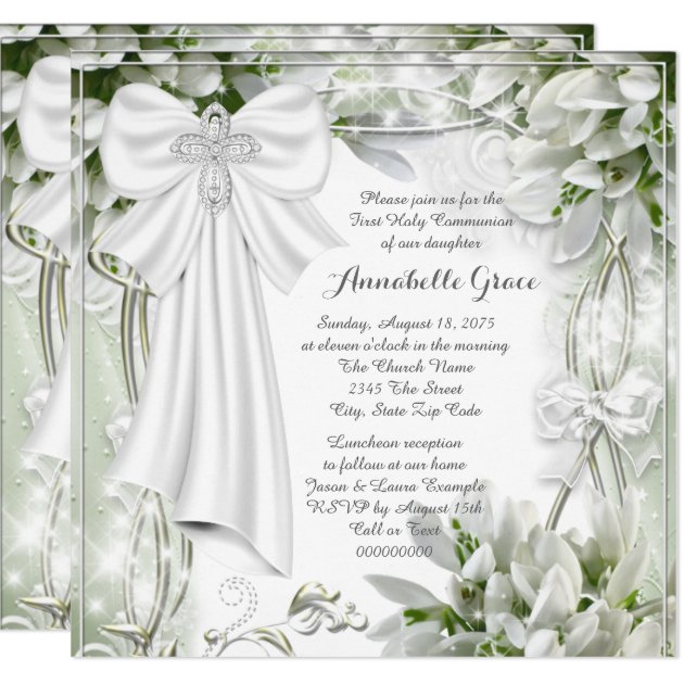 White Cross Floral First Communion Invitation