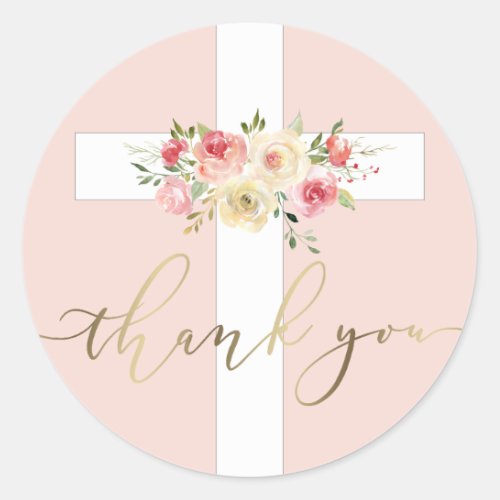white cross floral Thank You Classic Round Sticker