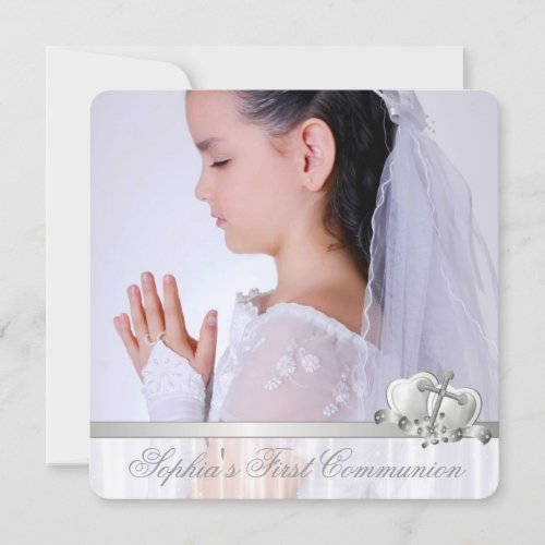 Hearts and Cross Girls White Photo First Communion Personalized Invitations
