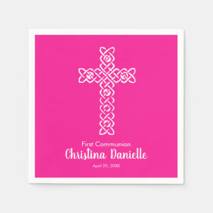 White Cross Hot Pink Communion Baptism Christening Napkins