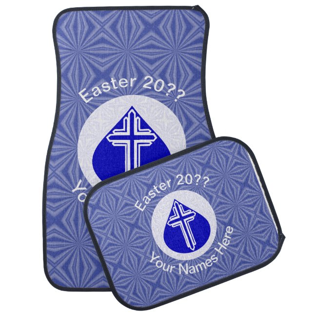 White Cross in Blue Teardrop Easter Personalized Car Floor Mat (Set)