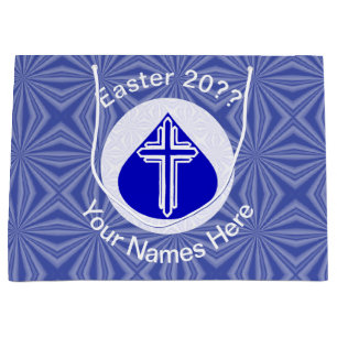 White Cross in Blue Teardrop Easter Personalized L Large Gift Bag