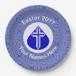 White Cross in Blue Teardrop Easter Personalized  Paper Plates