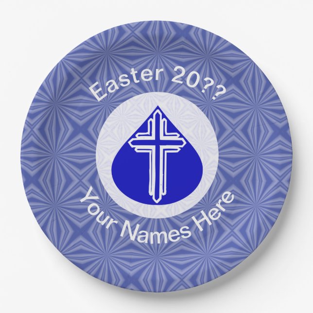 White Cross in Blue Teardrop Easter Personalized  Paper Plates (Front)