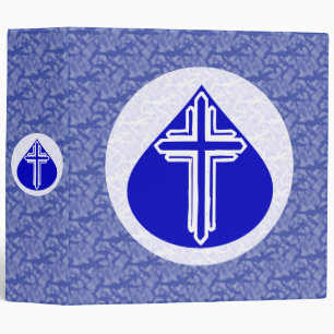White Cross in Blue Teardrop on Blue and White Binder