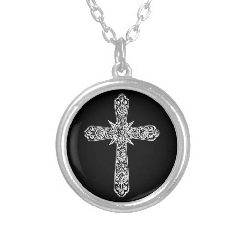 White cross on black background silver plated necklace