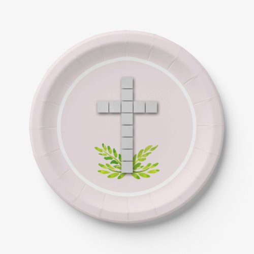 White Cross on Pink Communion Baptism Christening Paper Plates