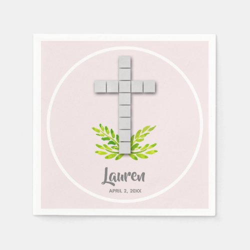 White Cross on Pink First Communion Napkins