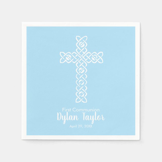White Cross Pale Blue First Communion Religious Napkins (Front)