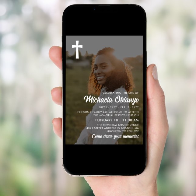 White Cross Photo Celebrating the Life Invitation (Front Digital)