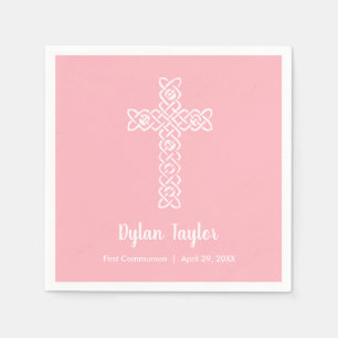 White Cross Pink First Communion Napkins